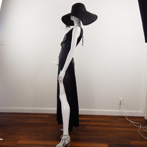 Maxi Dress Black ANIMAL SNAKE PRINT FOIL Sleeveless Slit V Neckline - Picture 5 of 9